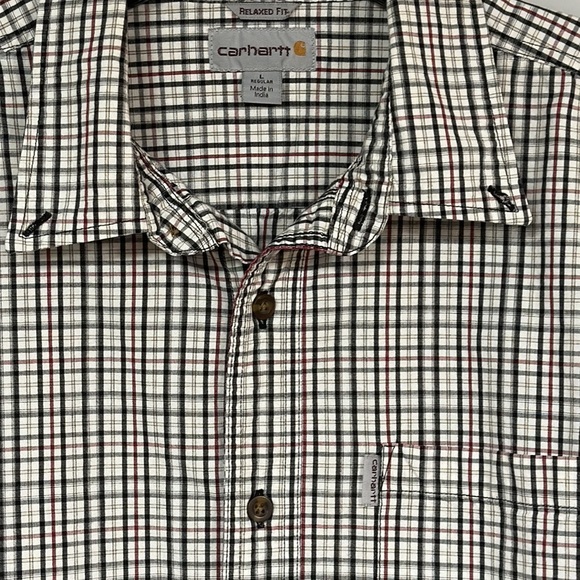 Carhartt Men’s Relaxed Fit Gray/ maroon Plaid Button down shirt size L  Cotton - Picture 5 of 7